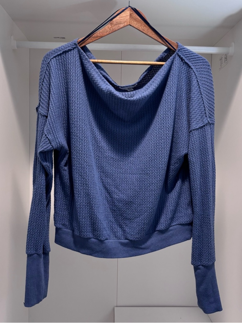 Treasure & Bond Blue Waffle Knit Sweater Boat Neck Off/Drop Shoulder